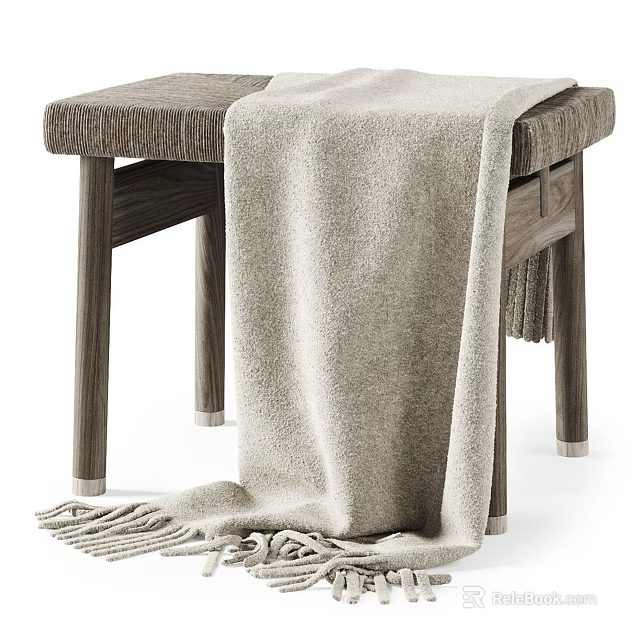 Wooden Stool With Woven Seat And Beige Fringe Blanket Draped Over 3d model 