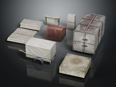 Rusted Metal Scene Components With Various Boxes Lids And Trailer For Industrial Design 3d model