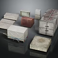 Rusted Metal Scene Components With Various Boxes Lids And Trailer For Industrial Design