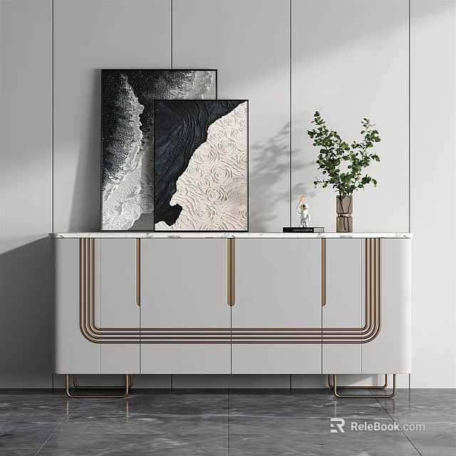 Modern Entryway Cabinet And Side Cabinet With White Body Golden Accents And Decorative Plants 3d model 
