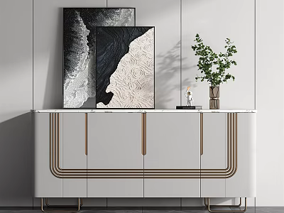 Modern Entryway Cabinet And Side Cabinet With White Body Golden Accents And Decorative Plants 3d model