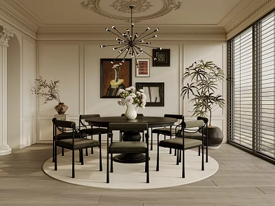 Modern Restaurant Interior With Round Dining Table Black Chairs Chandelier And Potted Plant 3d model
