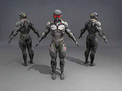 Smart Robot Design Displaying Three Angles With Mechanical Armor And Red Eyes 3d model