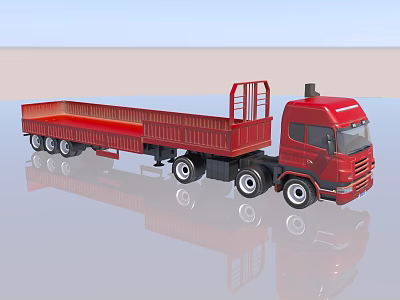 Red Cargo Truck With Open Bed Trailer Metal Railing And Multiple Wheels 3d model