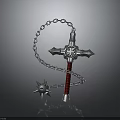 Cross Shaped Fantasy Weapon Featuring Red Handle Chain And Star Mace Head