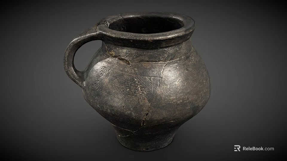 Ancient Black Pottery Vessel With Handle And Surface Cracks Texture 3d model 