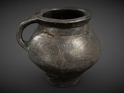 Ancient Black Pottery Vessel With Handle And Surface Cracks Texture 3d model