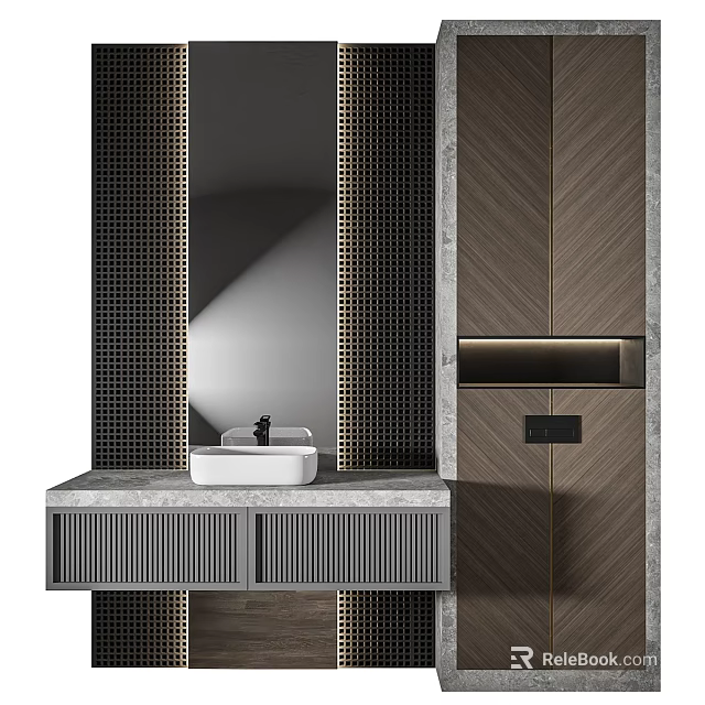 Modern Elegant Bathroom Vanity With Marble Countertop Wooden Cabinets And Backlit Mirror 3d model 
