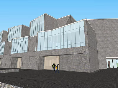 Modern Office Building with Glass Curtain Walls Gray Exterior and People at Entrance 3d model