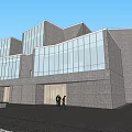 Modern Office Building with Glass Curtain Walls Gray Exterior and People at Entrance