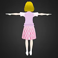 Yellow Haired Blue Eyed 3D Character In Pink Sweater Plaid Skirt Arms Outstretched Black Background