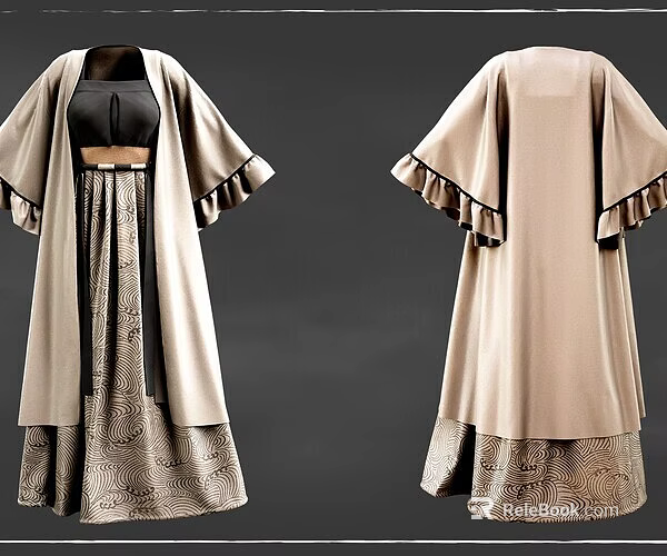 Woman Wearing Traditional Beige Robe With Black Top And Patterned Skirt 3d model 