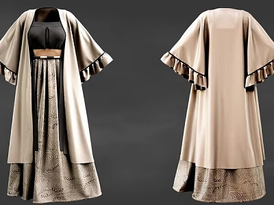 Woman Wearing Traditional Beige Robe With Black Top And Patterned Skirt 3d model