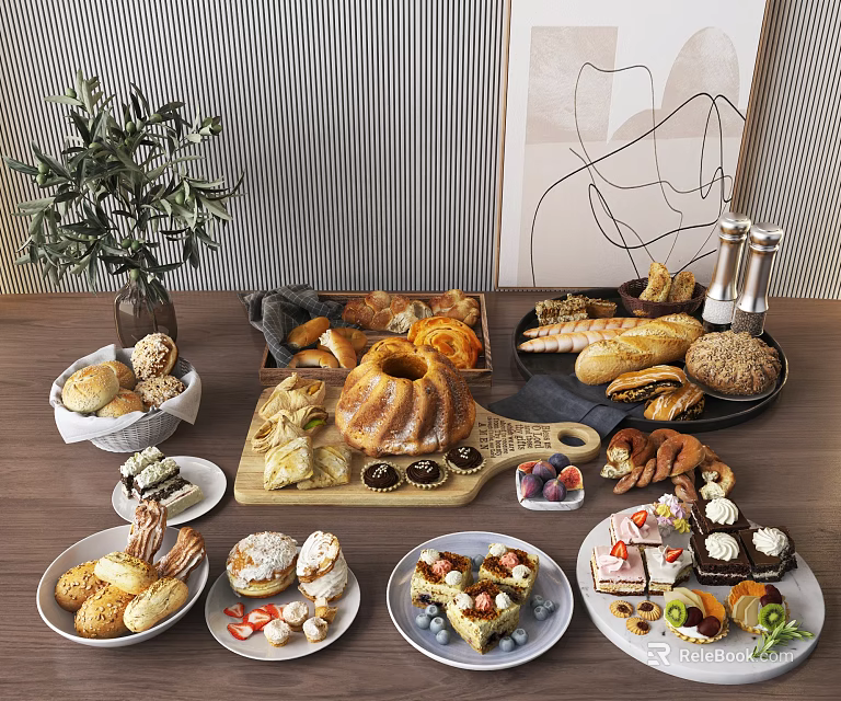 Fresh Assorted Baked Goods Display With Bread Pastries Cake And Fruits On Wooden Table 3d model 