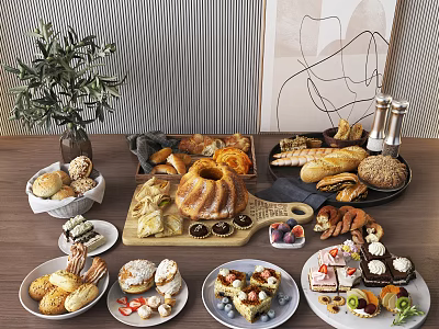 Fresh Assorted Baked Goods Display With Bread Pastries Cake And Fruits On Wooden Table 3d model