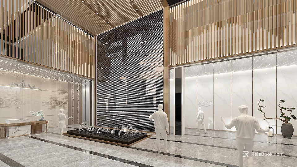 Elegant Modern Hotel Lobby With Wooden Grilles Stone Wall Water Feature And Marble Floor 3d model 