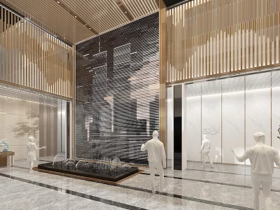 Elegant Modern Hotel Lobby With Wooden Grilles Stone Wall Water Feature And Marble Floor 3d model