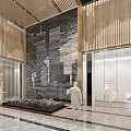 Elegant Modern Hotel Lobby With Wooden Grilles Stone Wall Water Feature And Marble Floor