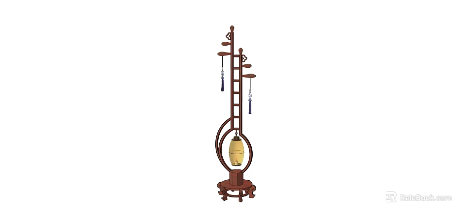 Traditional Chinese Style Floor Lamp With Curved Mahogany Frame And Yellow Lampshade 3d model 