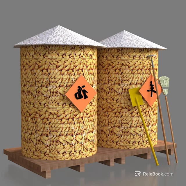Yellow Agricultural Hardware Tools Beside Two Grain Containers With Chinese Harvest Symbols 3d model 
