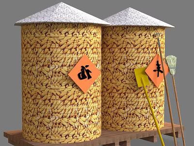 Yellow Agricultural Hardware Tools Beside Two Grain Containers With Chinese Harvest Symbols 3d model