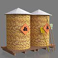 Yellow Agricultural Hardware Tools Beside Two Grain Containers With Chinese Harvest Symbols