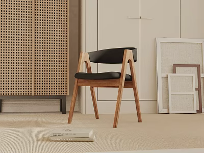 Modern Bar Stool With Wooden Frame Black Leather Seat In Minimalist Interior With Decorative Frames 3d model