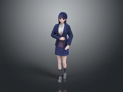 3D School Uniform Girl Character With Dark Blue Hair And Classic Outfit On Gray Background 3d model