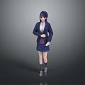 3D School Uniform Girl Character With Dark Blue Hair And Classic Outfit On Gray Background