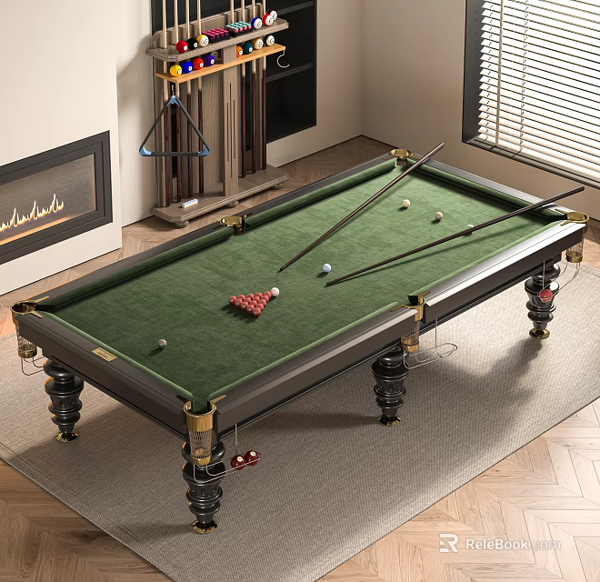 Indoor Billiard Table With Green Felt Surface Balls And Cues In Living Room 3d model 