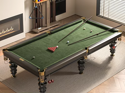 Indoor Billiard Table With Green Felt Surface Balls And Cues In Living Room 3d model
