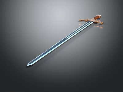 Ornate Long Sword With Metallic Blue Blade And Golden Hilt On Dark Background 3d model