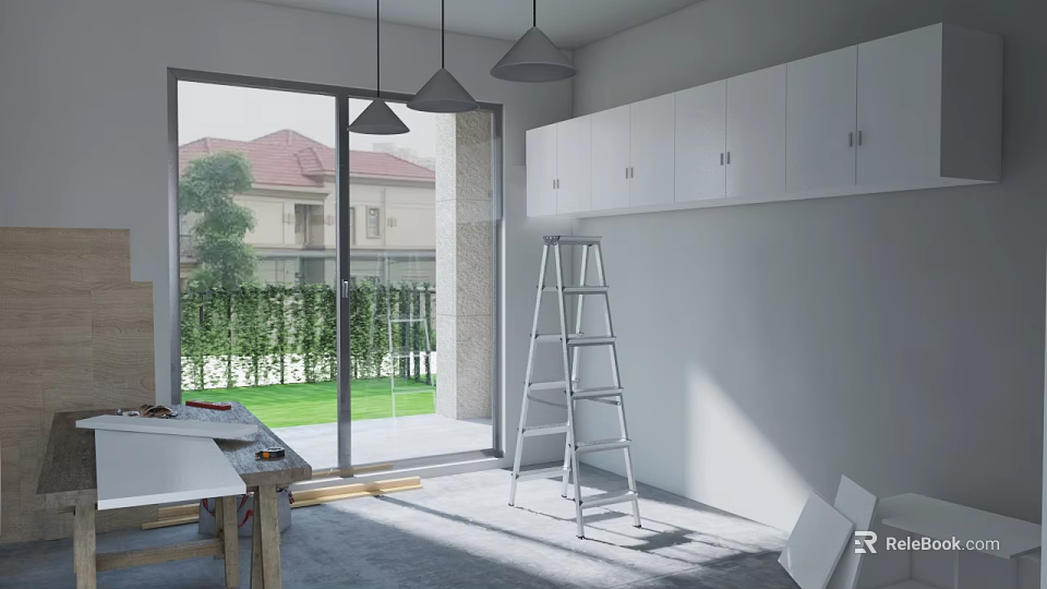 Renovation In Progress Room With Large Window Green Lawn White Cabinets Ladder And Tools 3d model 