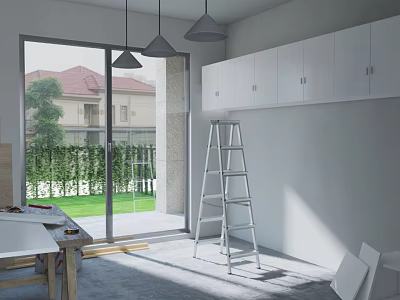 Renovation In Progress Room With Large Window Green Lawn White Cabinets Ladder And Tools 3d model