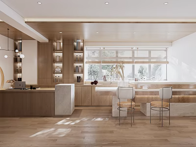 Modern Open Concept Kitchen With Wooden Cabinets Island Counter Bar Stools And Light Flooring 3d model