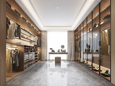 Modern Walk In Closet With Wooden Cabinets Glass Displays And Dressing Table 3d model