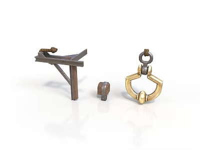 Vintage Scene Components With Wooden Bracket Metal Ring And Small Wheel 3d model