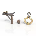 Vintage Scene Components With Wooden Bracket Metal Ring And Small Wheel