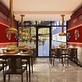 Hot Pot Restaurant Interior With Traditional Chinese Decor Red Walls Pendant Lights And Dining Tables