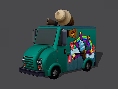Green Utility Vehicle With Ice Cream Cone On Top And Rainbow Stars On Body 3d model