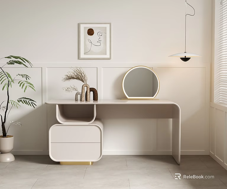 Modern Elegant Dressing Table with Round Gold Mirror Potted Green Plant and White Wall Art 3d model 