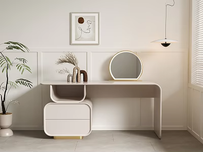 Modern Elegant Dressing Table with Round Gold Mirror Potted Green Plant and White Wall Art 3d model