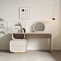 Modern Elegant Dressing Table with Round Gold Mirror Potted Green Plant and White Wall Art