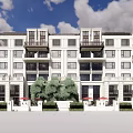 Elegant Modern Residential Building Exterior With Balconies Large Windows And Green Landscaping