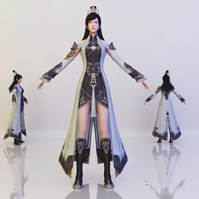 Female Game Movie Character in Traditional Long Robe with Ornate Slit Design and Boots 3d model 