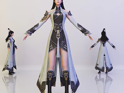 Female Game Movie Character in Traditional Long Robe with Ornate Slit Design and Boots 3d model