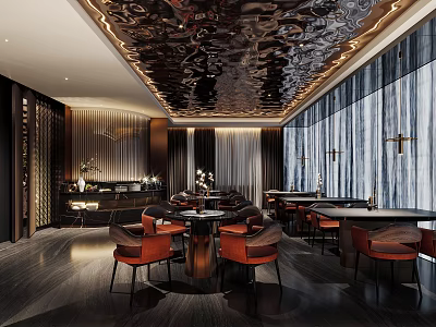 Modern Luxury Restaurant Interior With Dark Decor Large Windows Orange Chairs And Metal Ceiling 3d model