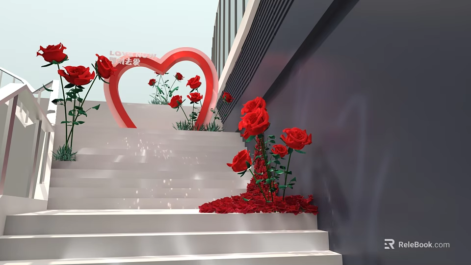 Heart Shaped Love Decoration With Red Roses On White Stairs And Modern Wall 3d model 