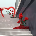 Heart Shaped Love Decoration With Red Roses On White Stairs And Modern Wall