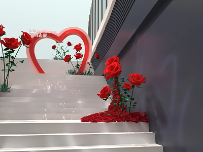 Heart Shaped Love Decoration With Red Roses On White Stairs And Modern Wall 3d model